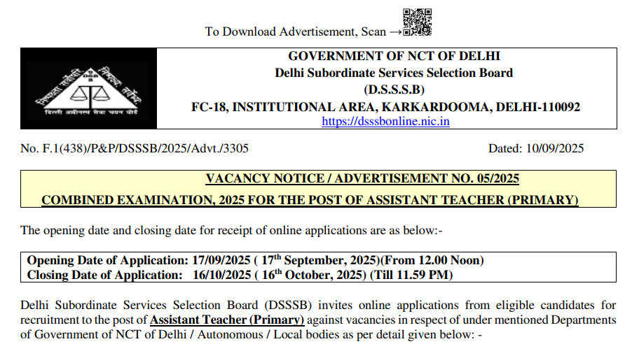 Official Notification DSSSB Primary Teacher Bharti 2025