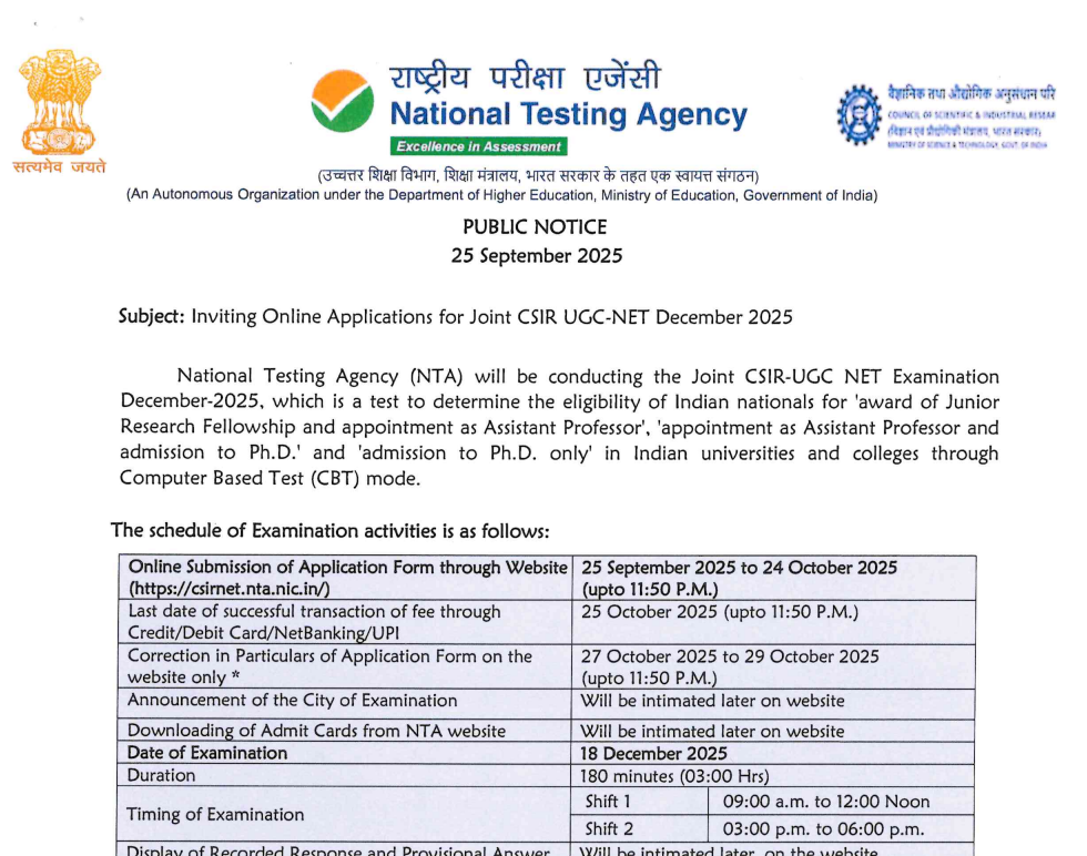NTA CSIR UGC NET December 2025