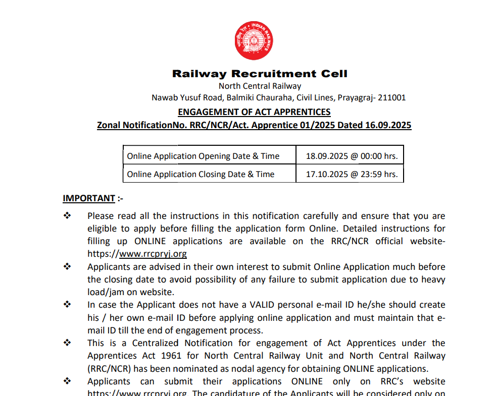 RRC NCR Apprentice Recruitment 2025