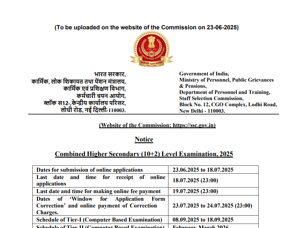 SSC CHSL 2025 Exam Date