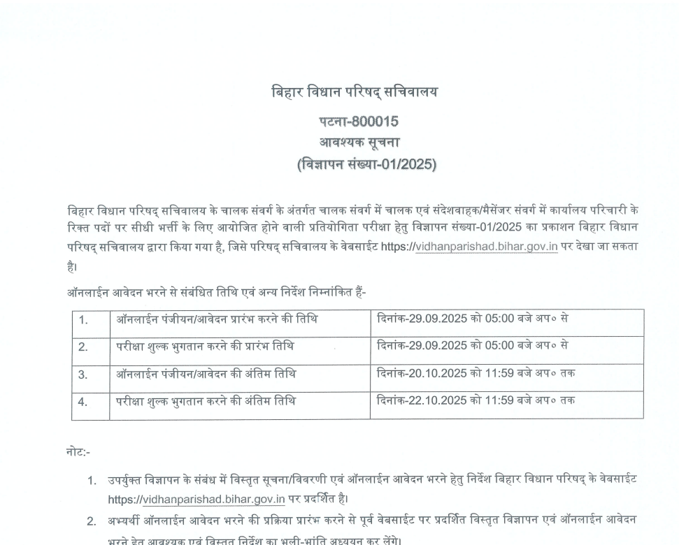 Bihar Vidhan Parishad Recruitment 2025
