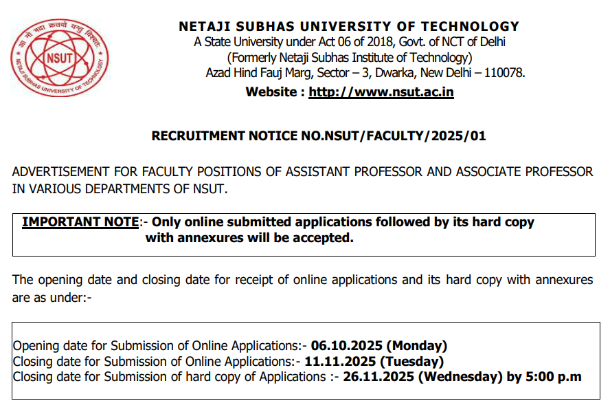 Official Notification NSUT Delhi Teaching Recruitment 2025