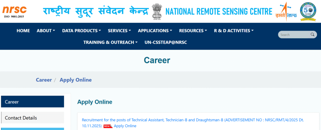 Official Website ISRO NRSC Bharti 2025