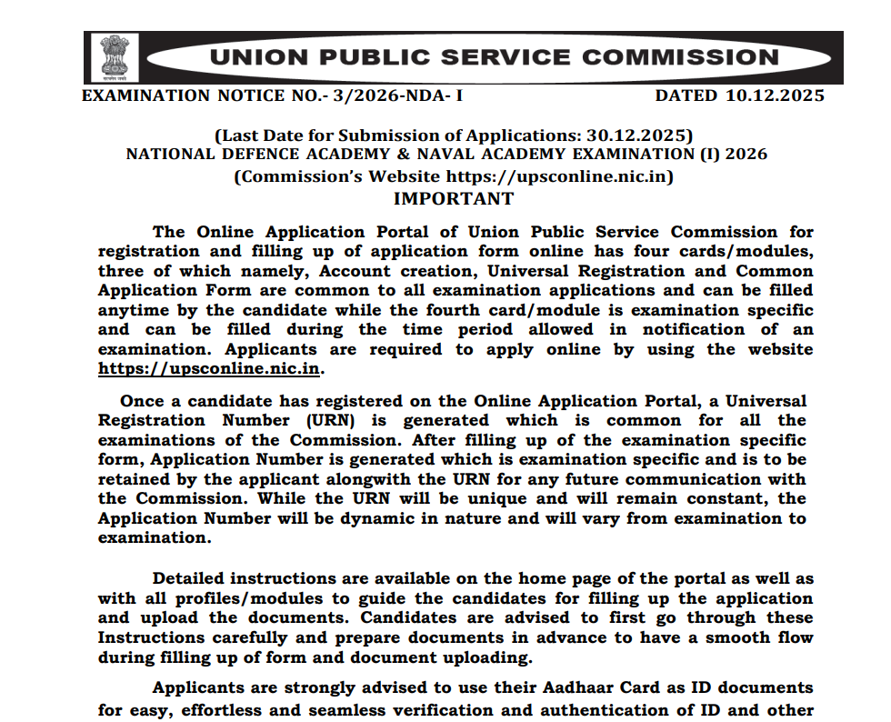 UPSC NDA Recruitment 2026
