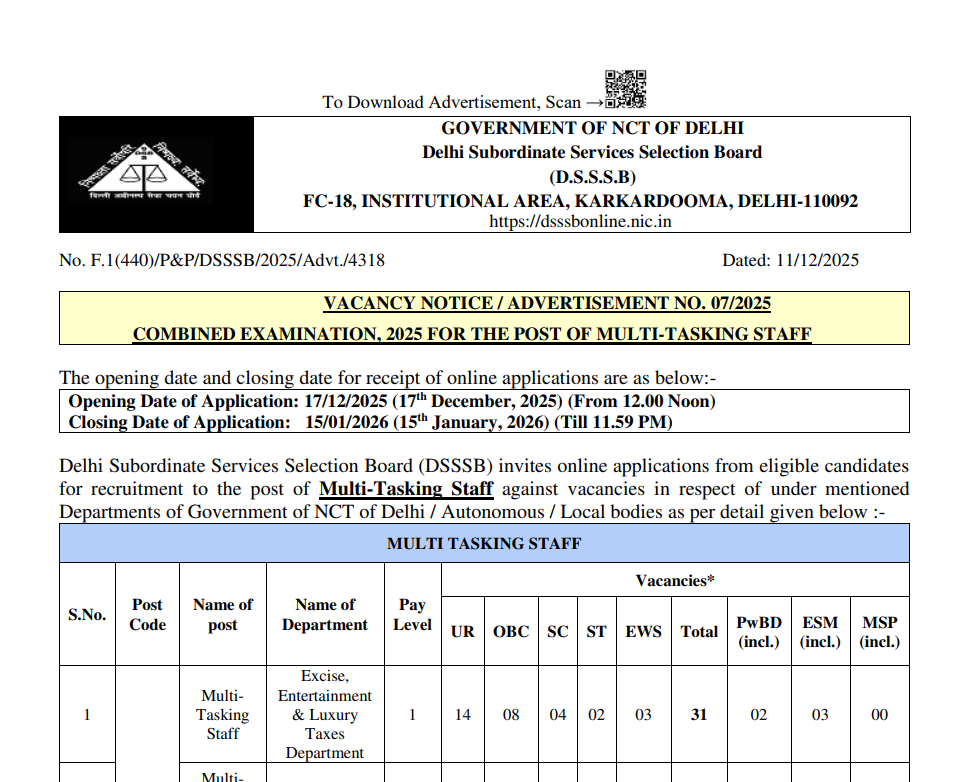 DSSSB MTS Recruitment 2026