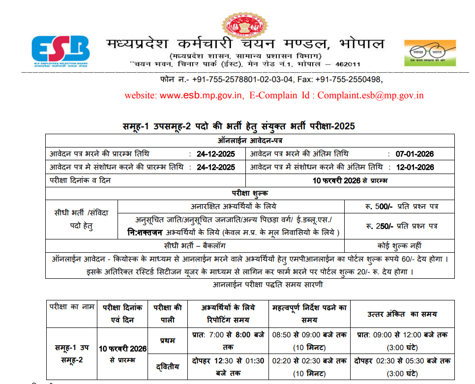 MPESB Group 1 Sub Group 2 Recruitment 2025-26