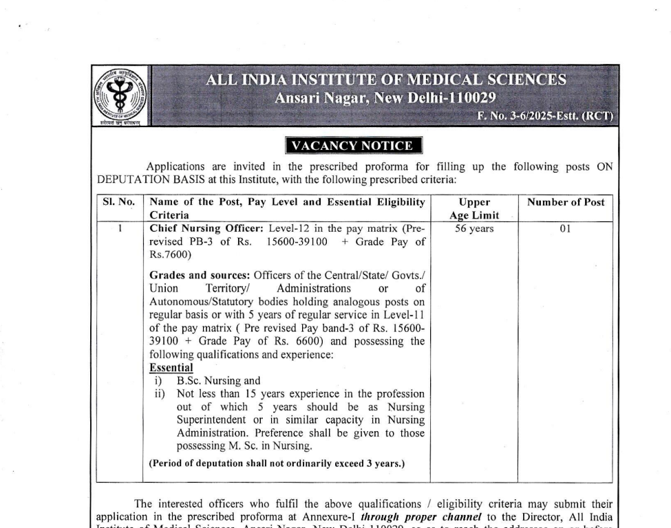 Nursing officer government job Delhi