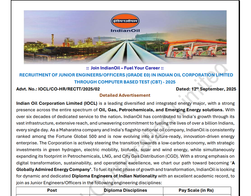 IOCL Junior Engineer Result 2025