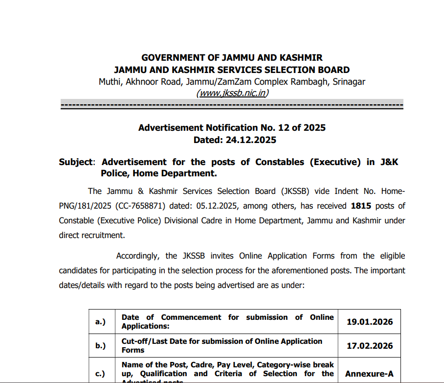 JKSSB Constable Recruitment 2026