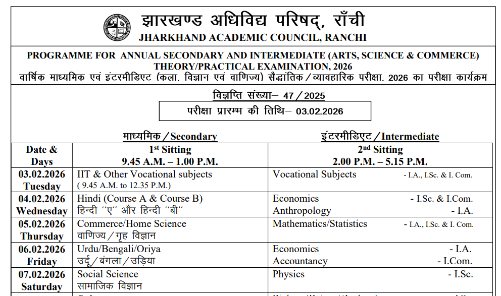 Official timetable for JAC Class 12th Examination 2026