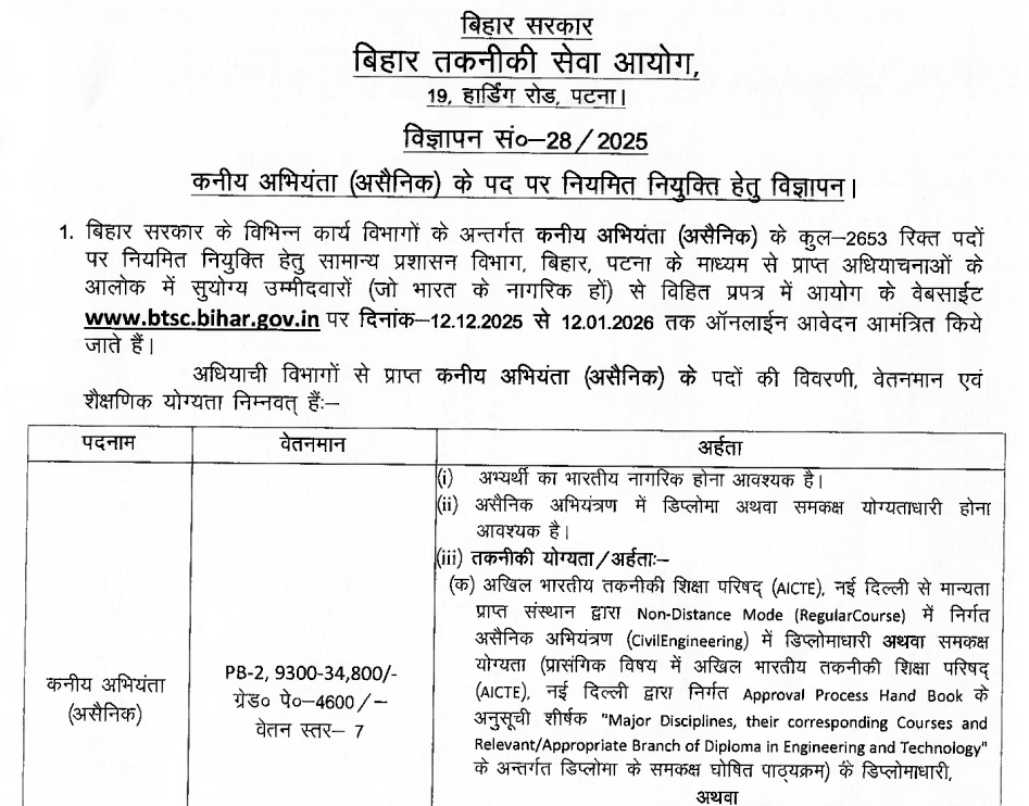 Official Notification BTSC Junior Engineer Bharti 2025