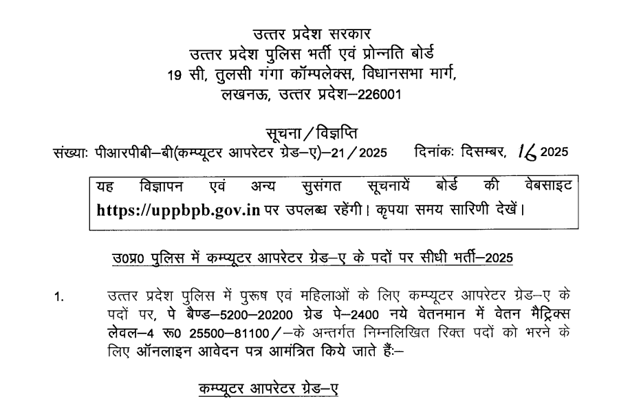 Official Notification UP Police Computer Operator Bharti 2025