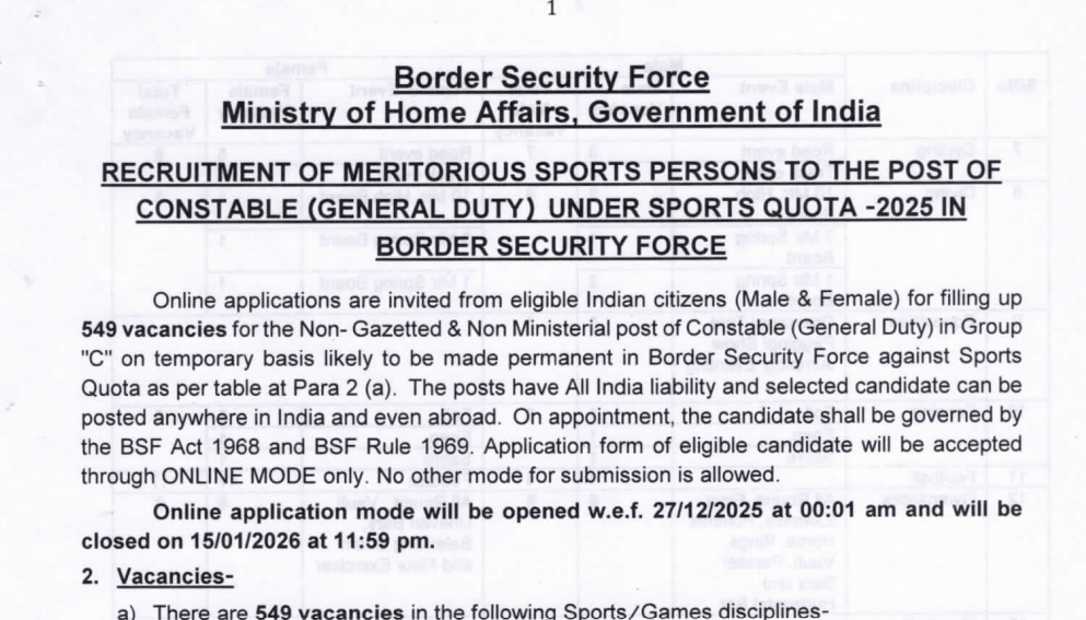 Official Notification BSF Constable GD Sports Quota 2025