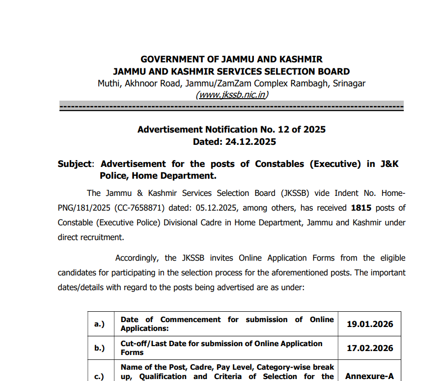 JKSSB Constable Recruitment 2026