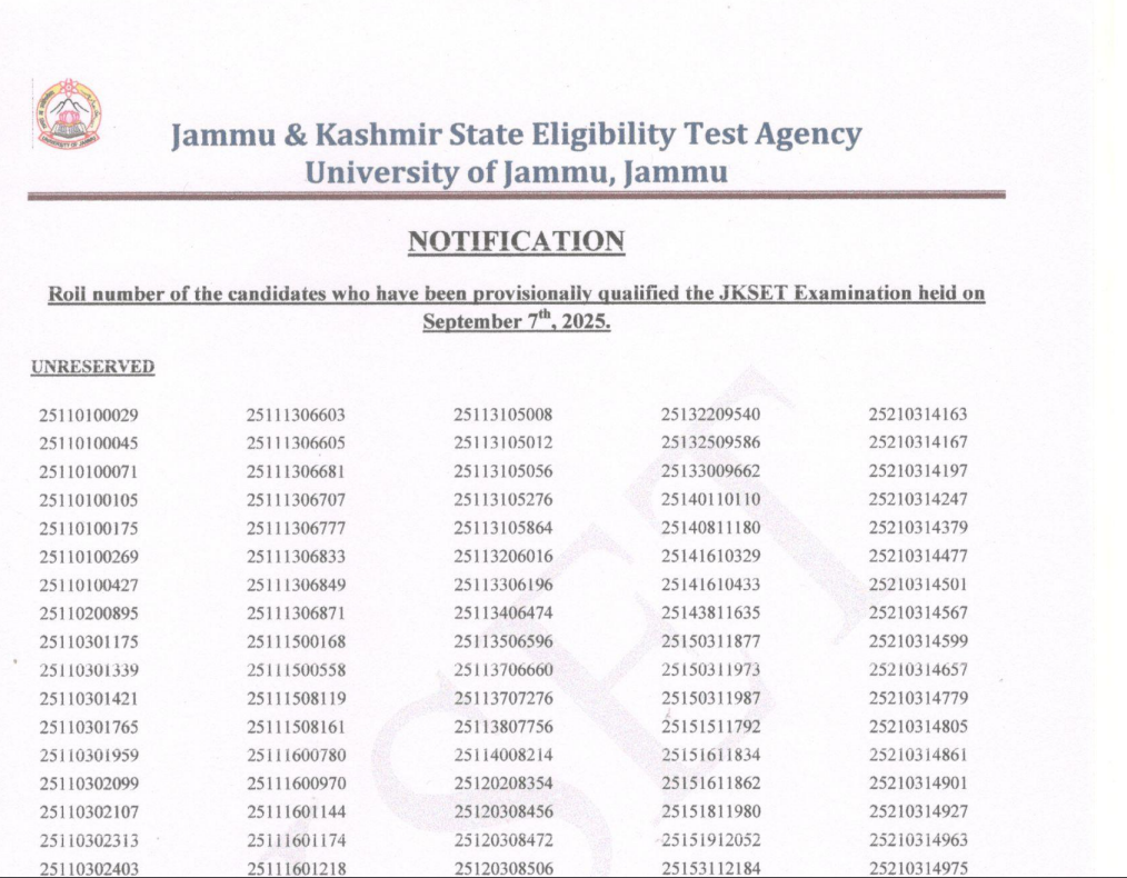 JKSET Result 2025