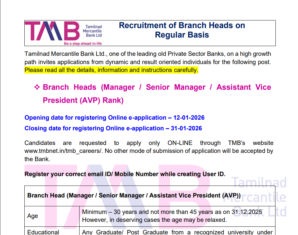 TMB Branch Head Recruitment 2026