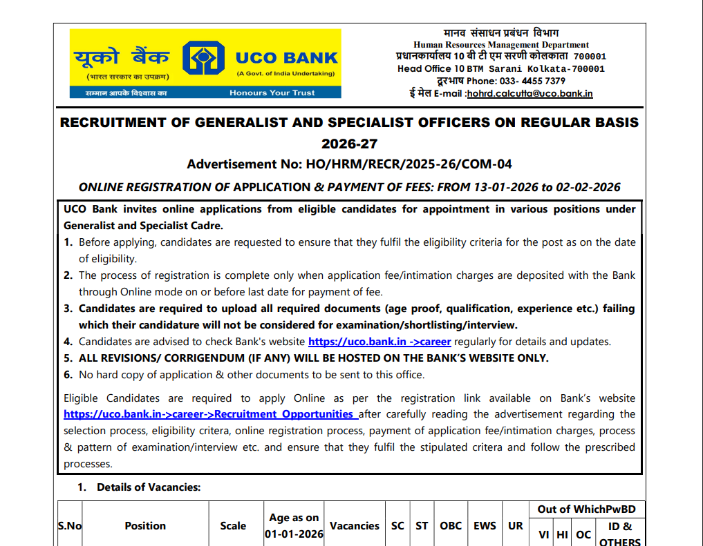UCO Bank Recruitment 2026