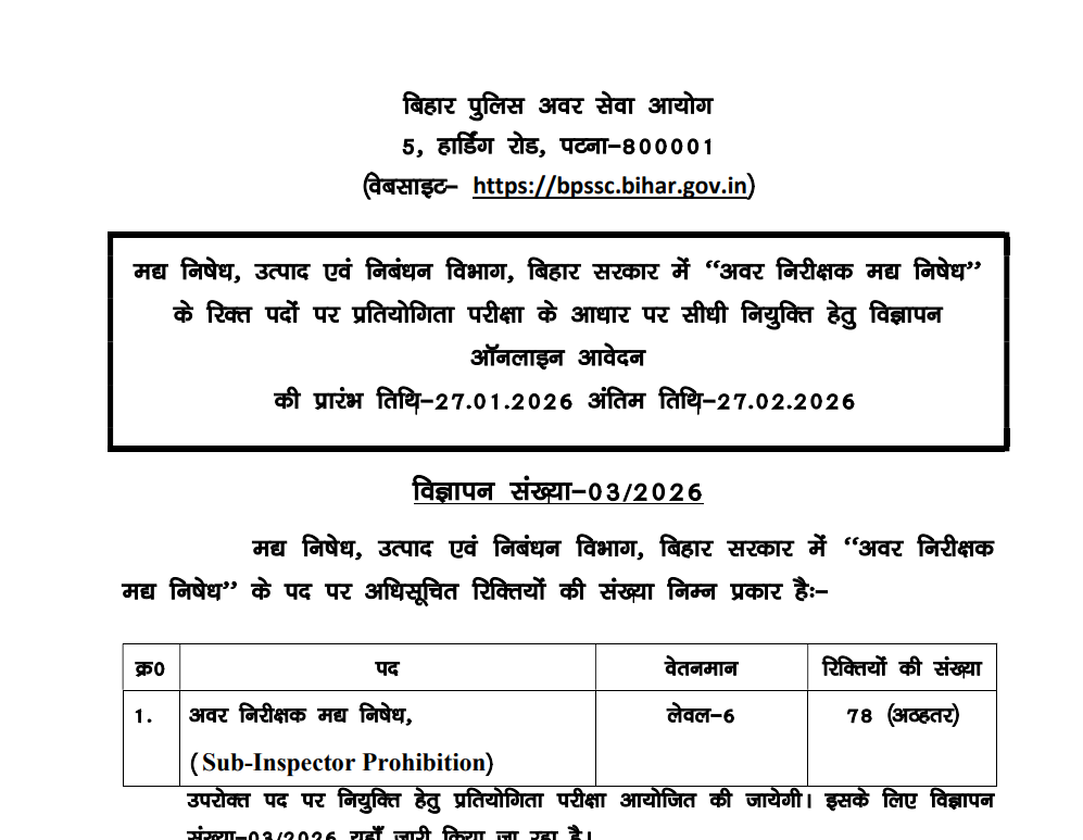 BPSSC SI Prohibition Recruitment 2026