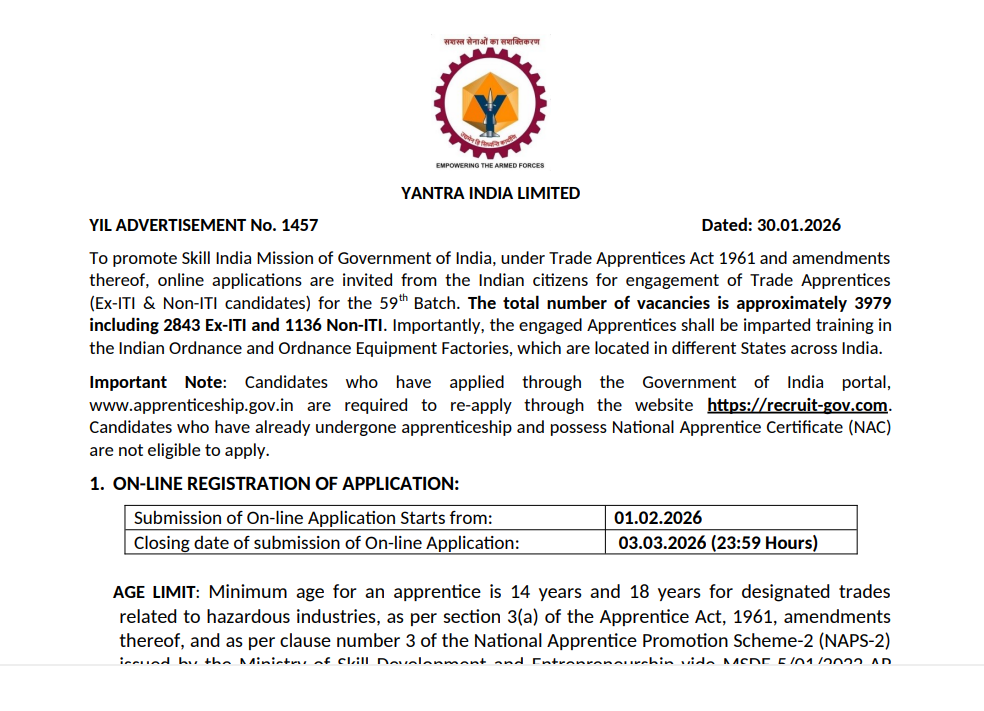 Yantra India YIL Trade Apprentices Recruitment 2026