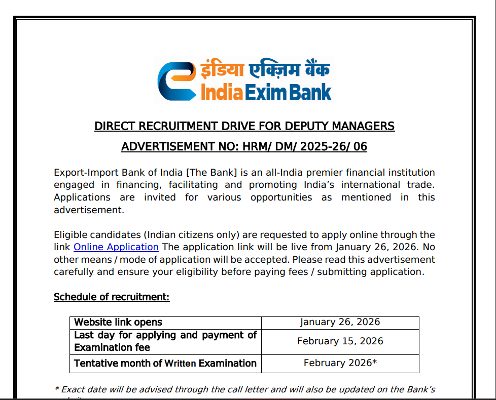 Exim Bank Deputy Manager Recruitment 2026