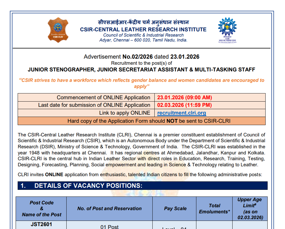 CSIR CLRI Recruitment 2026