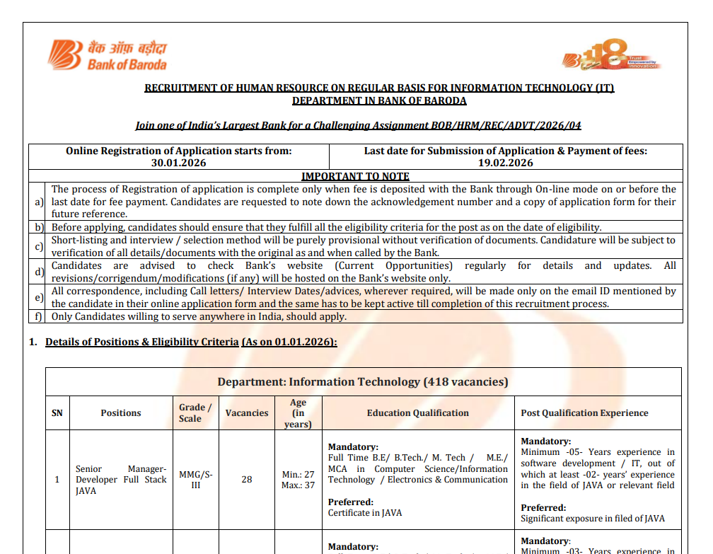 BOB IT Posts Recruitment 2026