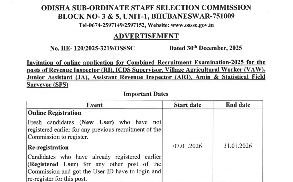 Official Notification OSSSC CRE 2026 Bharti