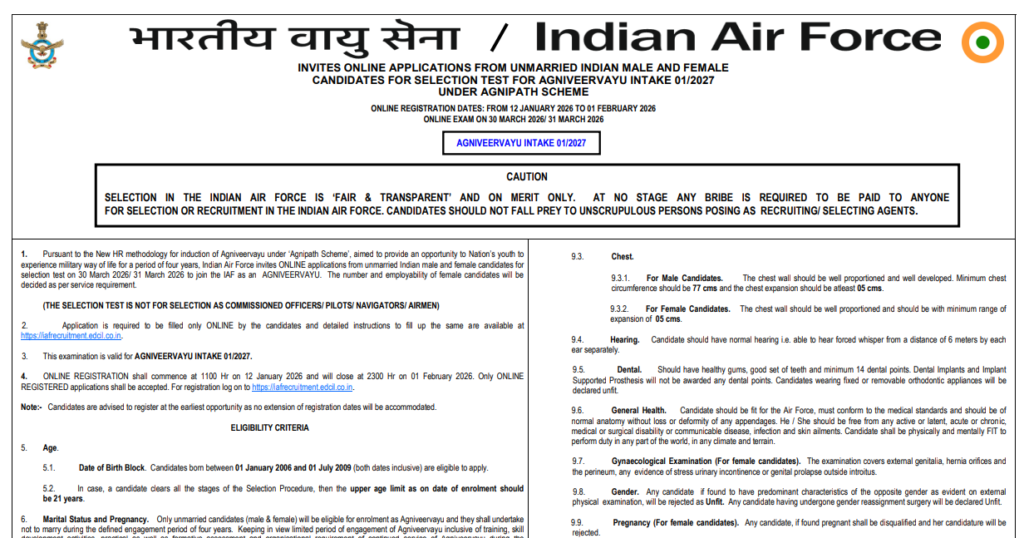 Official Indian Airforce Agniveer vayu Bharti 2027 Notification