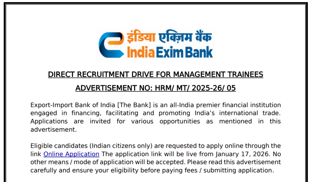 Exim Bank Management Trainee Bharti 2026