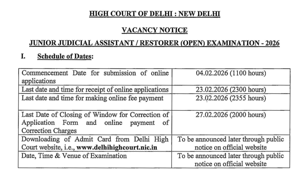 Official Notification Delhi High Court JJA Recruitment 2026