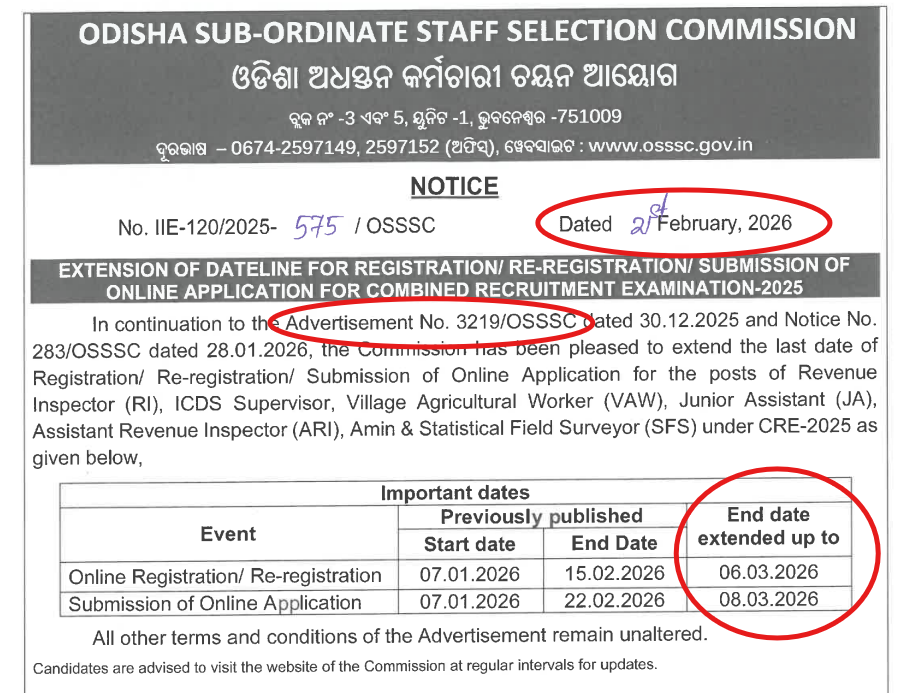 Date Extend OSSSC CRE Recruitment 2026 Official Notice