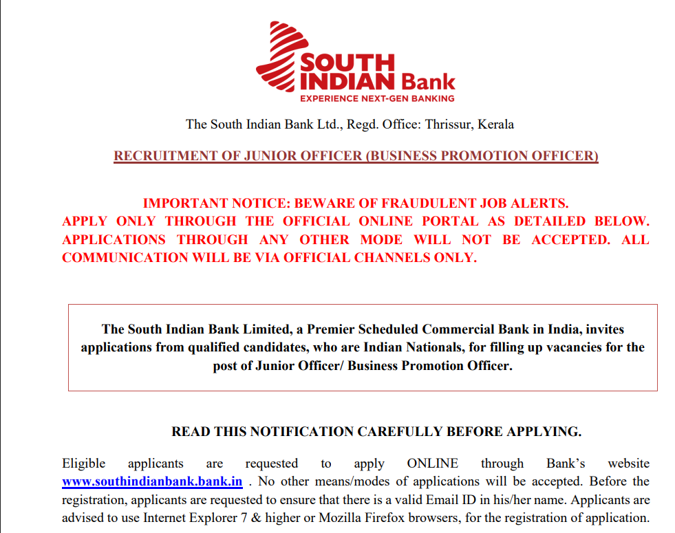 South Indian Bank Junior Officer Bharti 2026