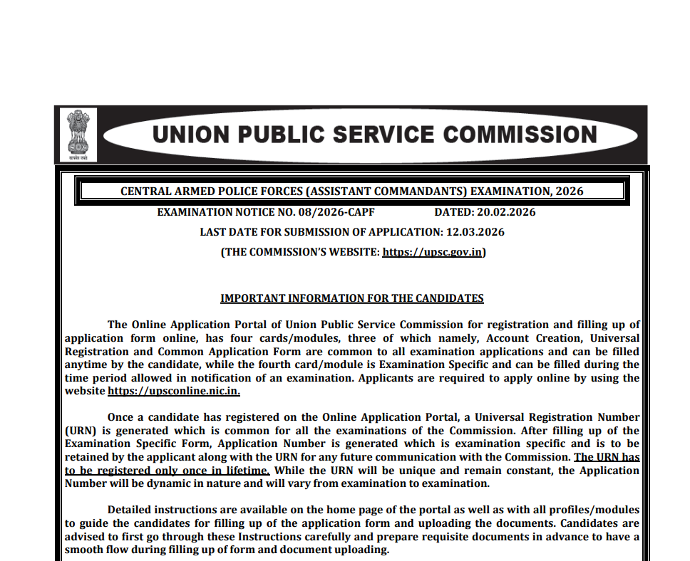 UPSC CAPF AC Recruitment 2026