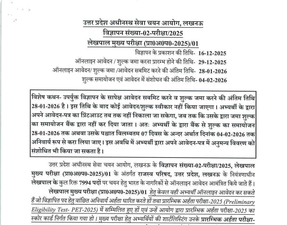 UPSSSC Lekhpal Eligibility Result 2026