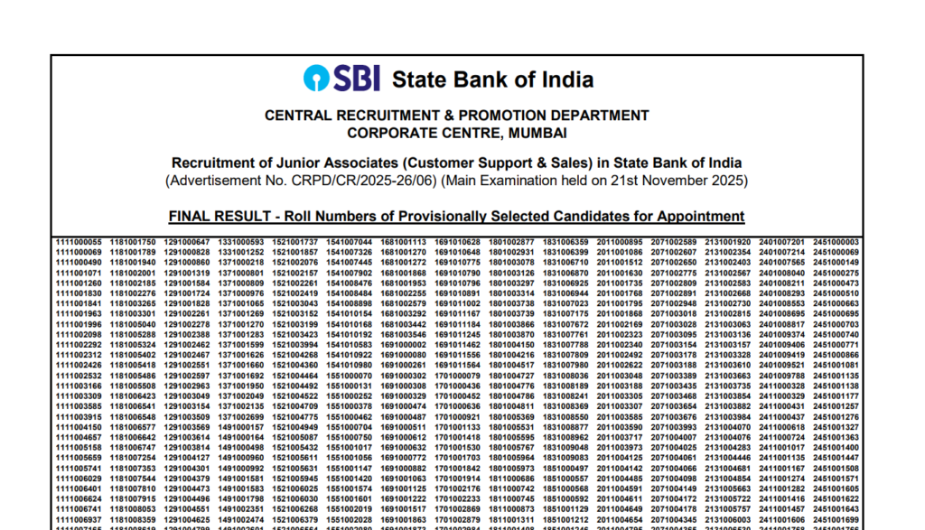 SBI Clerk Mains Result 2026
