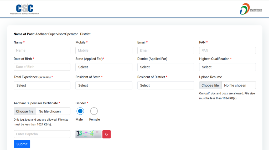 Official Website CSC Aadhaar Supervisor Operator Bharti 2026 Online