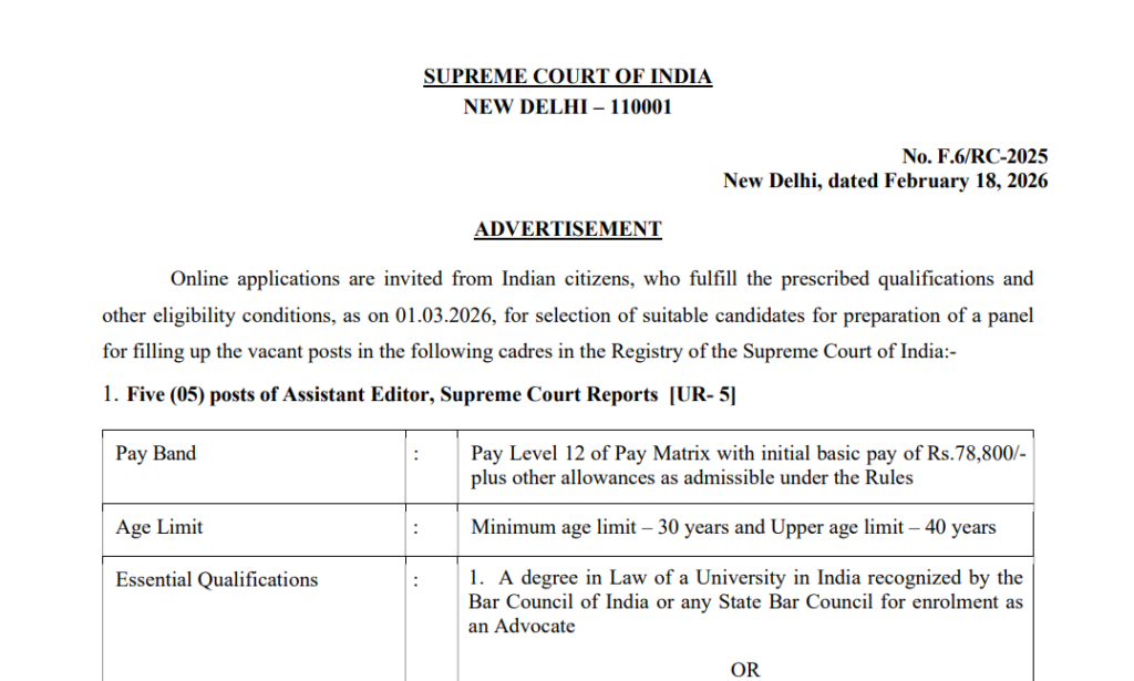Official Notification Supreme Court Bharti 2026