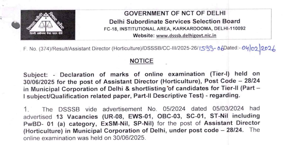 Officila DSSSB Assistant Director Result 2026 Notification