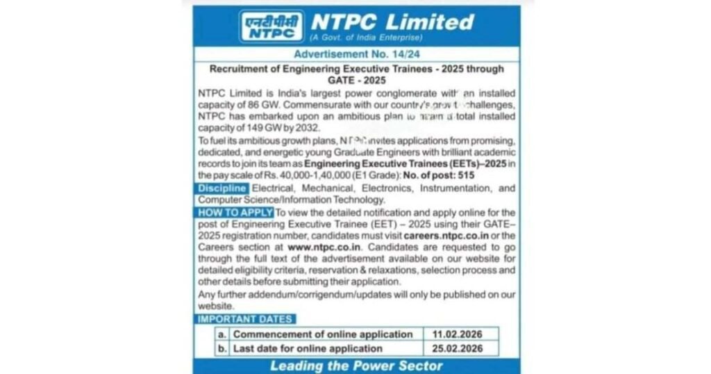 NTPC Executive Trainee Recruitment 2026