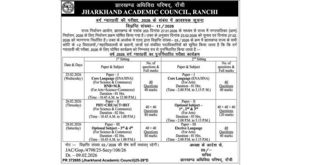 JAC 11th Time Table 2026