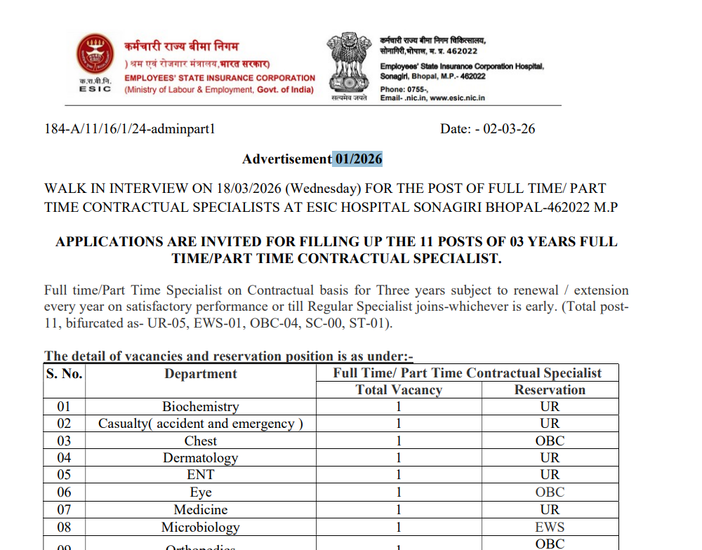 ESIC Bhopal Recruitment 2026