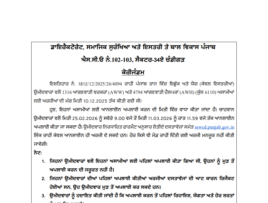 Punjab Anganwadi Bharti 2026