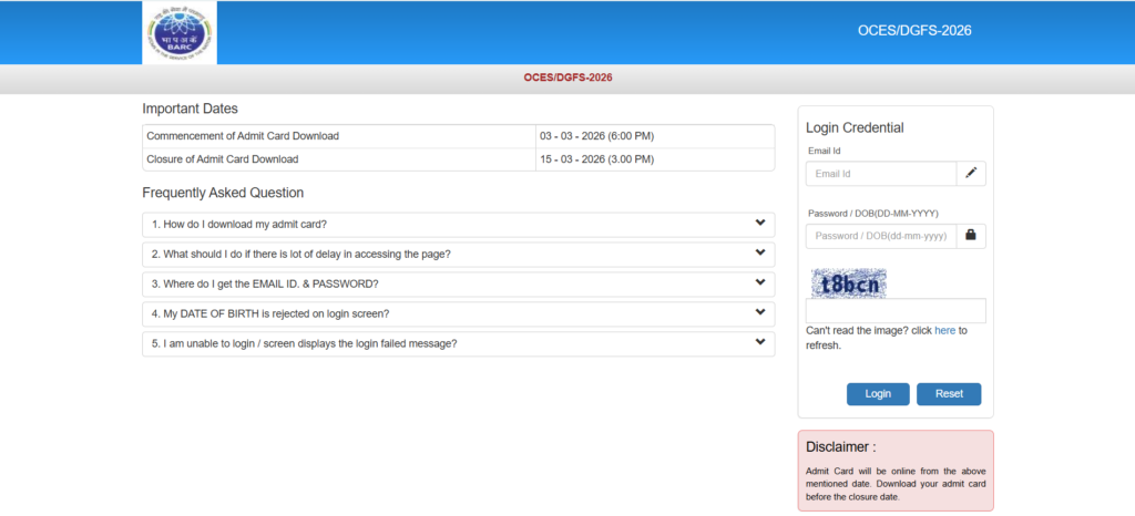 BARC Scientist Admit Card 2026