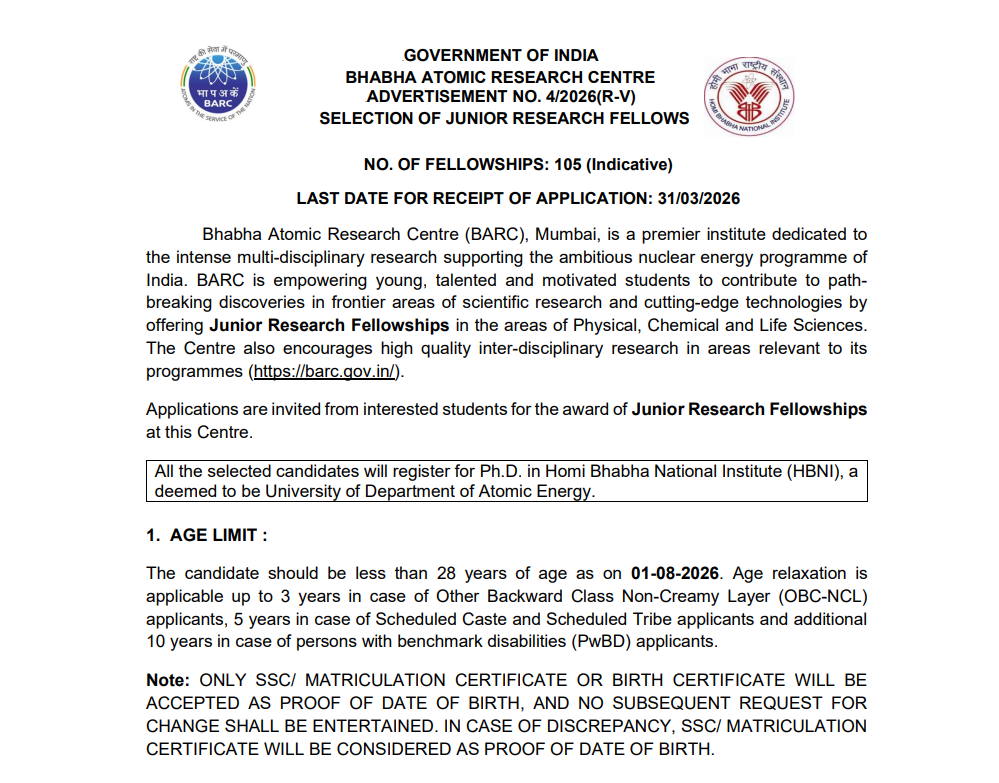 BARC Junior Research Fellowships 2026