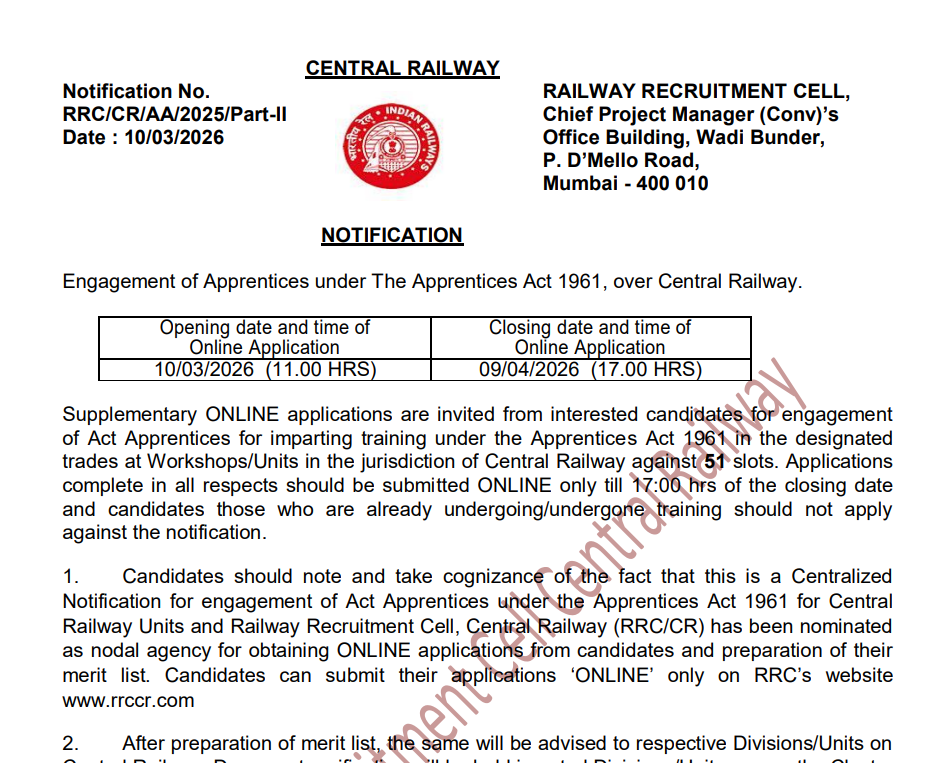 Central Railway RRC CR Apprentice 2026