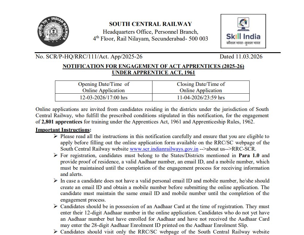 South Central Railway Apprentice Recruitment 2026