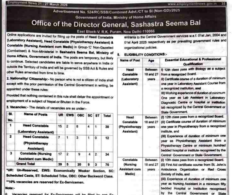 SSB Paramedical Recruitment 2026