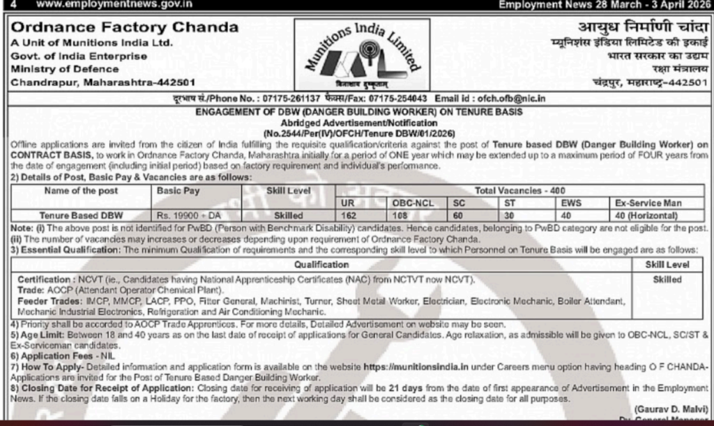 Ordnance Factory Chanda Recruitment 2026