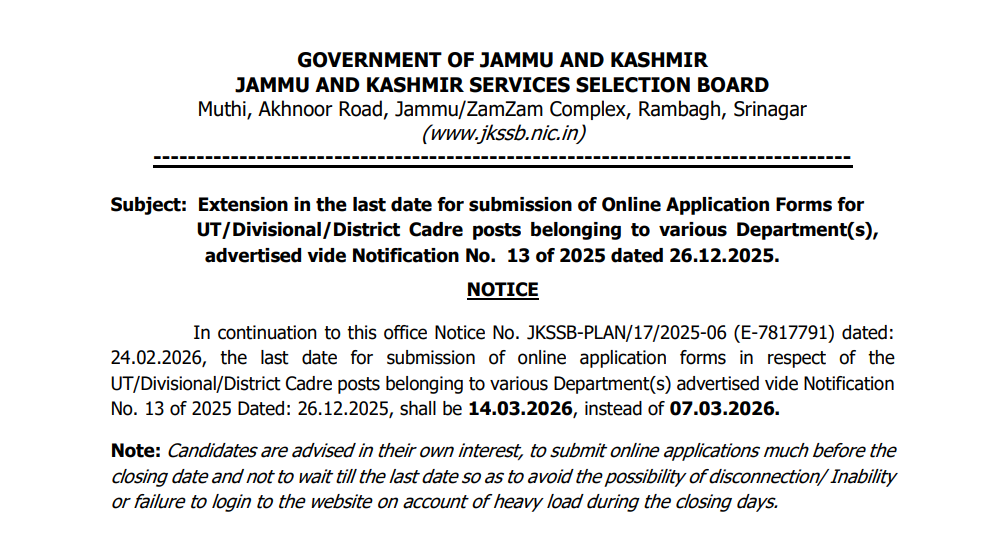 Offici Extended JKSSB Bharti 2026 Notice