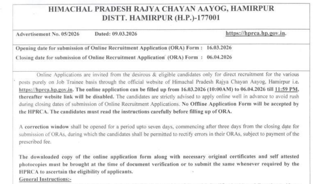 Official Notification HPCRA HP JBT Teacher Recruitment 2026